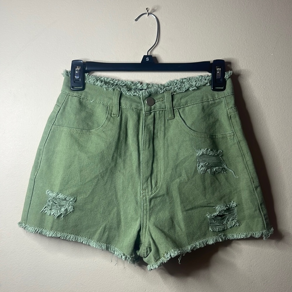 Olive green color jean shorts. Size small. Brand is Ms. Maggie.